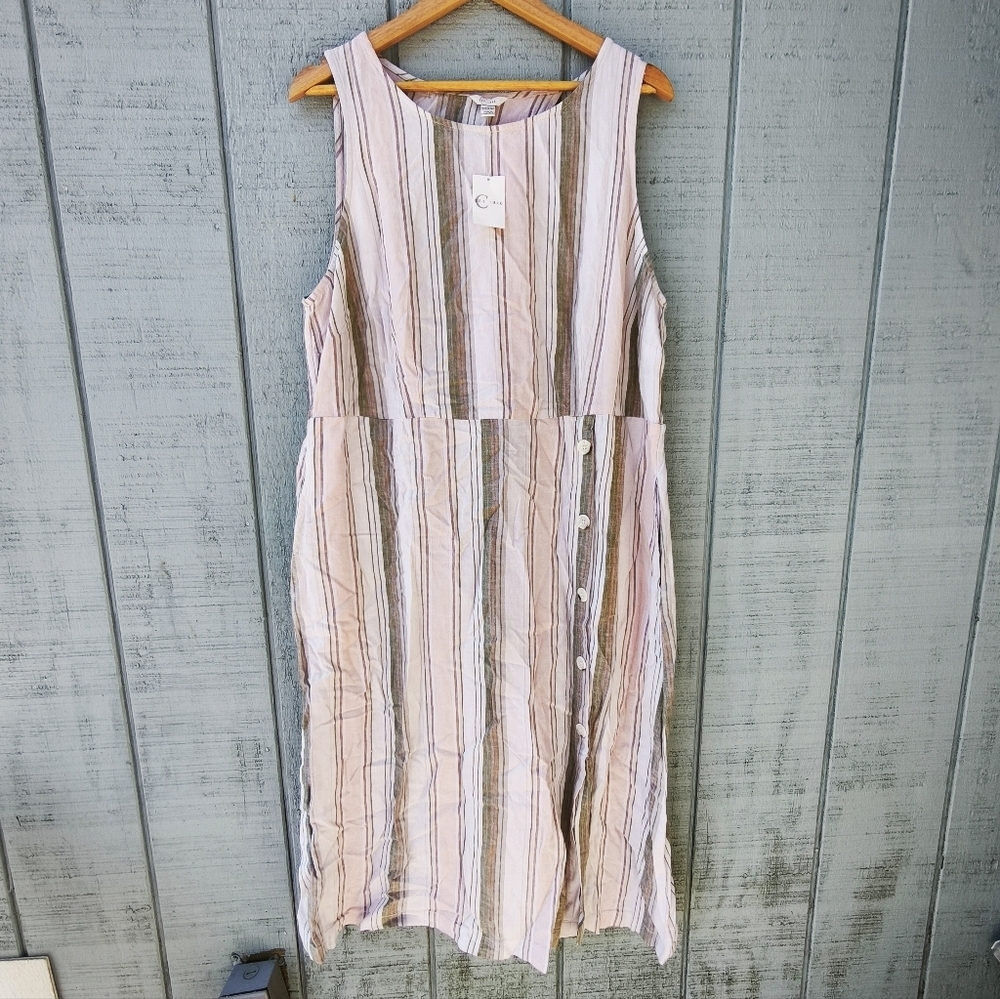 NWT Cato Linen Blend Striped Midi Tank Dress sz 18/20W Tan Pink Coastal Chic